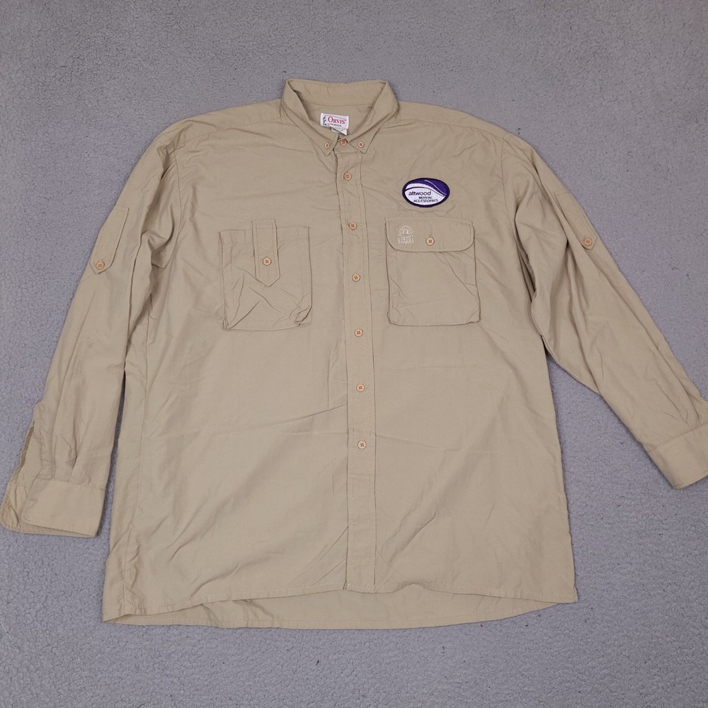 Vintage Orvis Fishing‎ Shirt Mens XL Brown Tan Utility Pockets USA Made Safari
